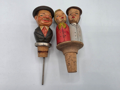 Vtg Lot of 2 Italian ANRI Carved Figural Wood Bottle Stoppers