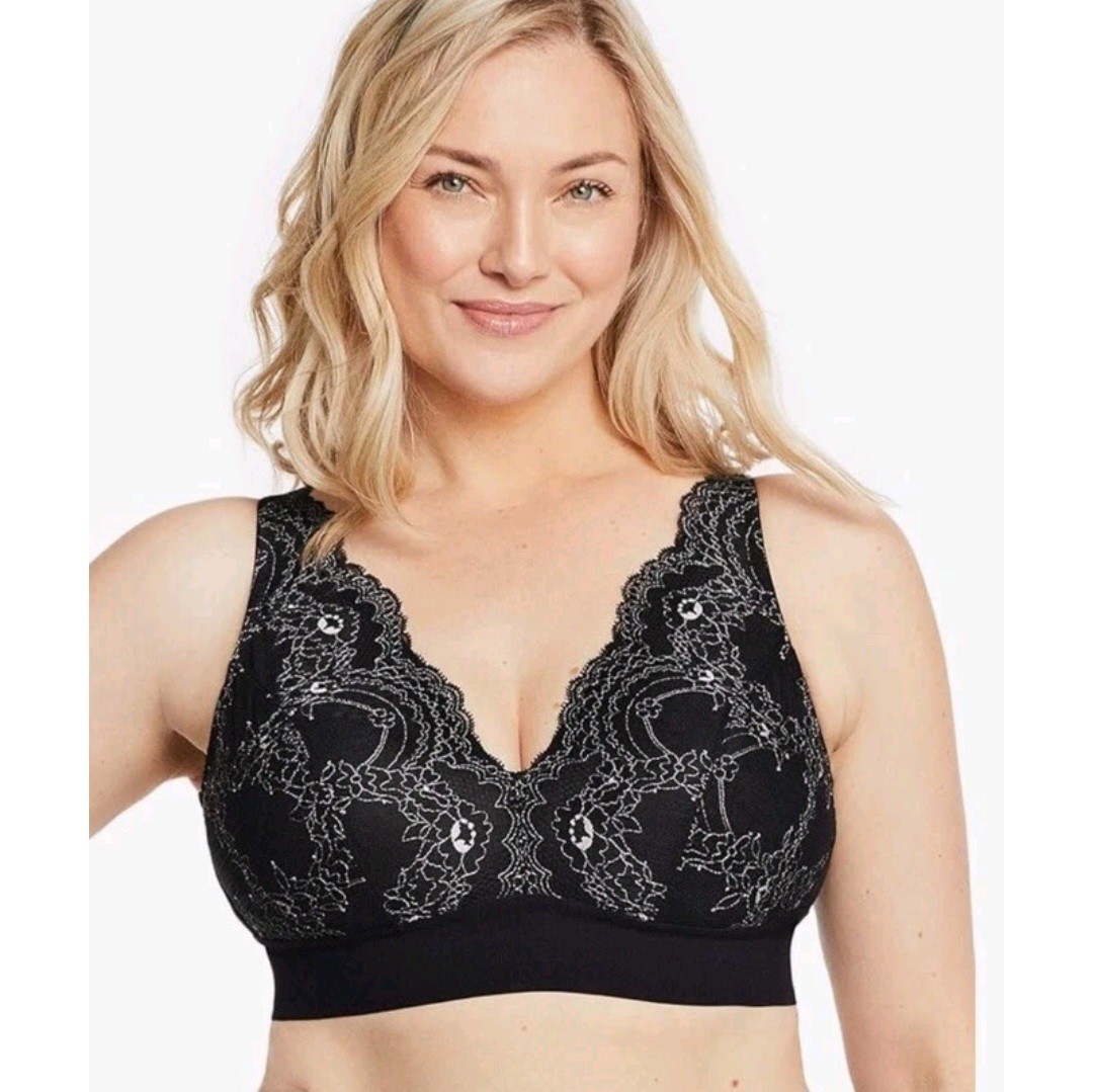 Glamorise Women's Black Style 7013 Lace Plunge Bralette Wirefree Bra Size 46C