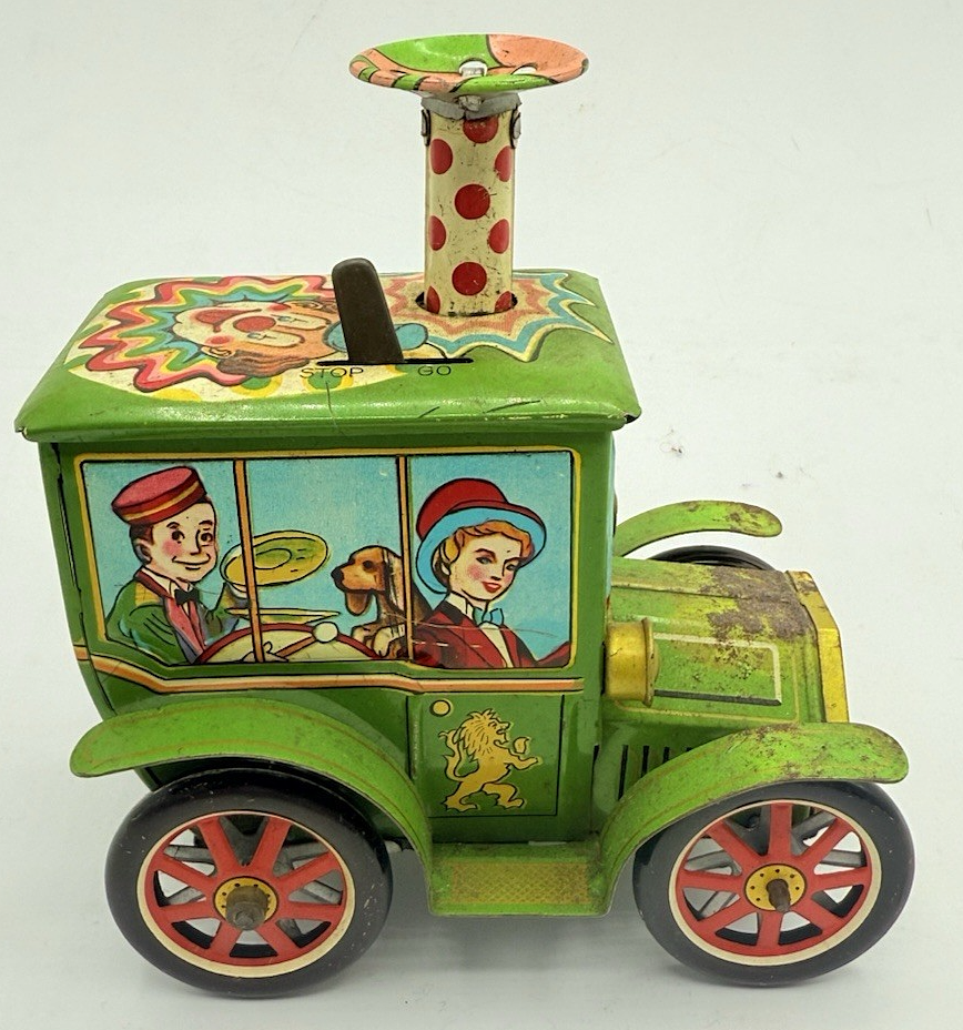 Vtg 1950s Circus Clown Car Tin Wind-Up Toy Merry Ball Blower KO