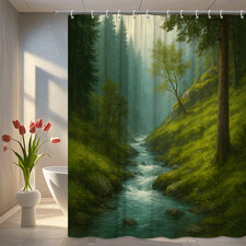 Nature Inspired Shower Curtain - Forest Landscape, Waterfall, Green Decor