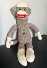 Vintage Mid Century Handmade Sock Monkey 20   Soft Plush Long Tail Brown White