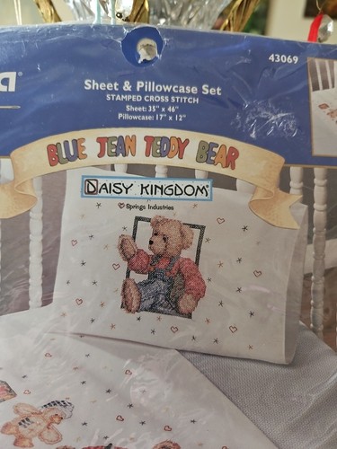 Bucilla Blue Jean Teddy Bear Sheet & Pillowcase Cross Stitch Kit Daisy Kingdom - Picture 2 of 7