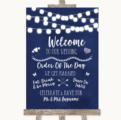 Marineblau Aquarell Lichter Willkommen Tagesordnung personalisiert Hochzeit Schild