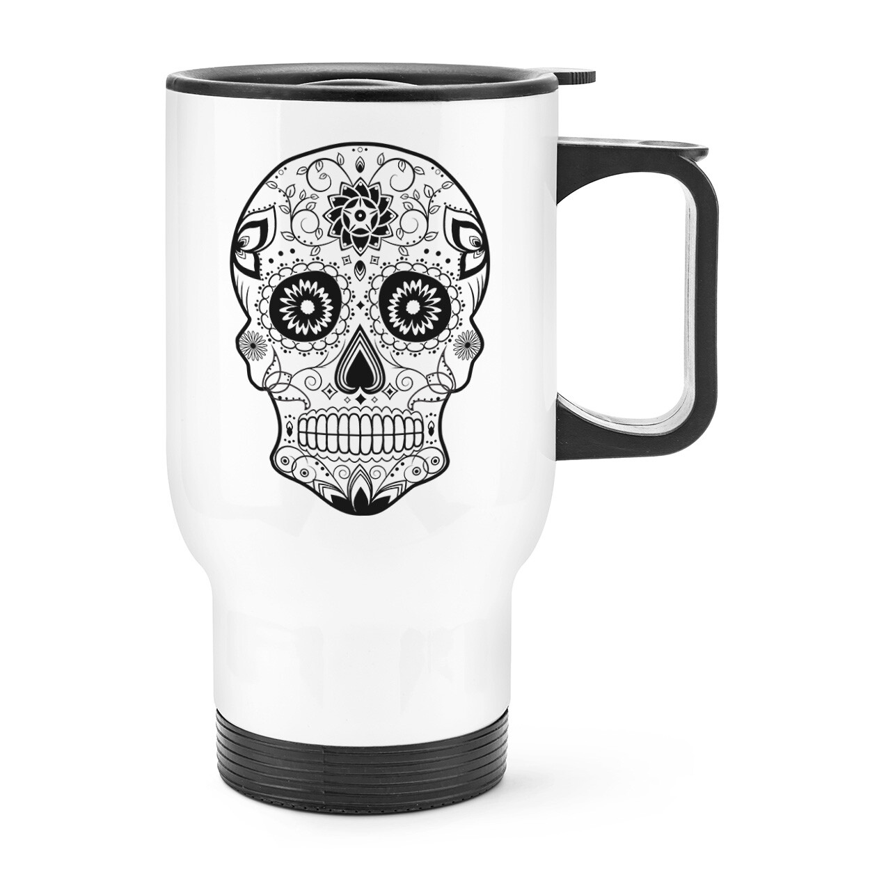 Black Sugar Candy Skull Travel Mug Cup With Handle - Funny Tattoo Thermal Flask