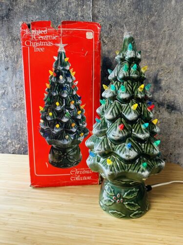 Vintage Lighted Ceramic Christmas Tree with Base 18" Tall-flocked-Classic living - Picture 1 of 12