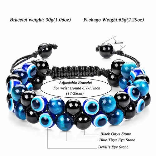 Triple Protection Bracelet 8MM Blue Tiger Eye Evil Eye Black Onyx Stone Bracelet - Picture 5 of 6