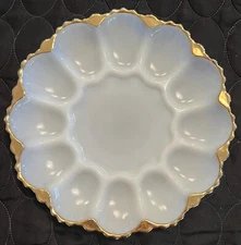 Vintage 10” Anchor Hocking Milk Glass Deviled Egg Server Plate With Gold Trim.