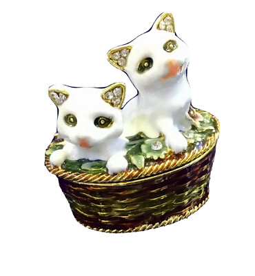 White Kittens in Flowers Basket Bejeweled Trinket Box with