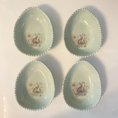 Set of 4 Pottery Barn Green Egg Bowls Dishes Bunny Flowers Easter