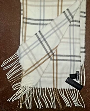 Steve Madden Mid Weight Plaid Pattern Muffler Scarf, 11”x 70”, Ivory Tan SOFT