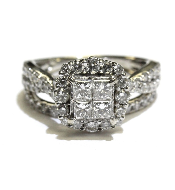 10k white gold princess invisible set diamond engagement ring wedding band 6.7g