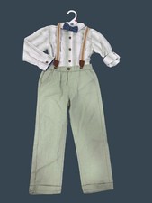 Little Lad Boys 4-Piece Set: Green Pants Striped Shirt Blue Bow Tie  Suspenders