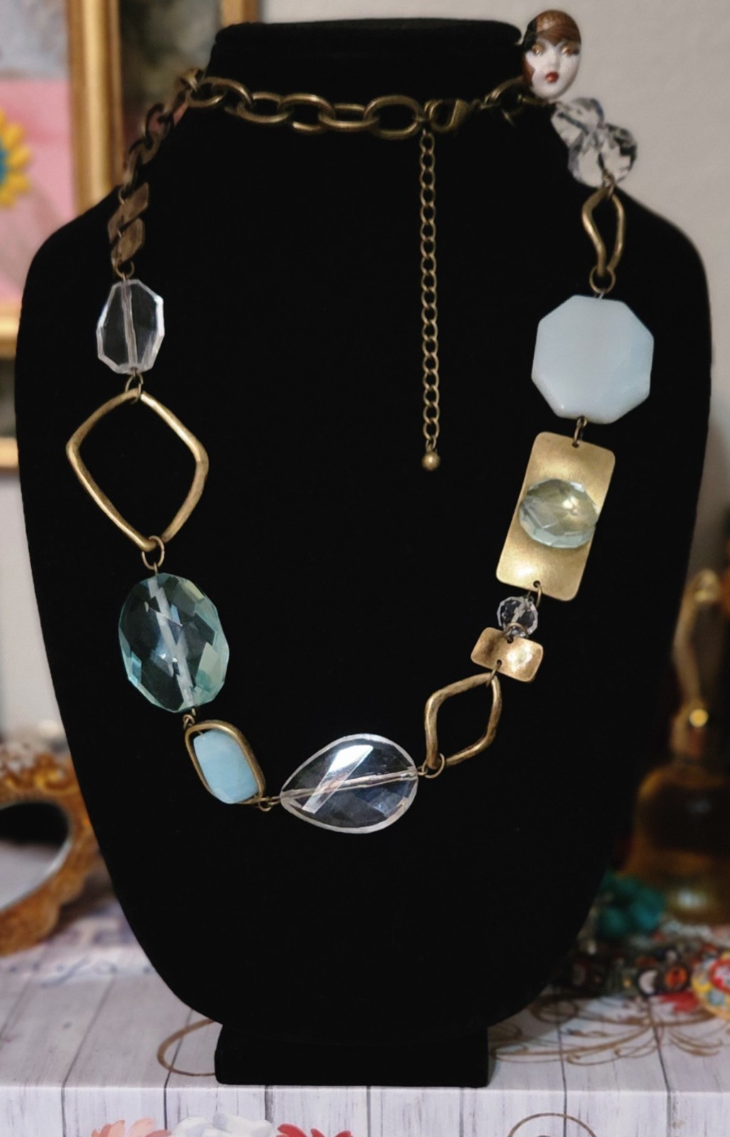 Chico's Necklace or Belt Antique Gold tone MintGreen Stones Clear Acrylic Beads