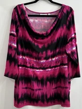 Susan Graver Womens XL Liquid Knit Top Cowl Neck Pink Black Stretch 3/4 Sleeve