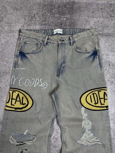 H&M who decides War x Besquiat denim jeans printed ideal distressed pants 34x32 - Picture 5 of 10