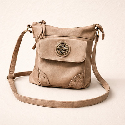 Stone Mountain Crossbody Bag Sandy Fawn Faux Leather Zip Pocket Adjustable Strap