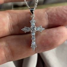 10 Ct Cross Pendant Necklace Simulated Diamond Real Silver Solid 14K Gold Plated