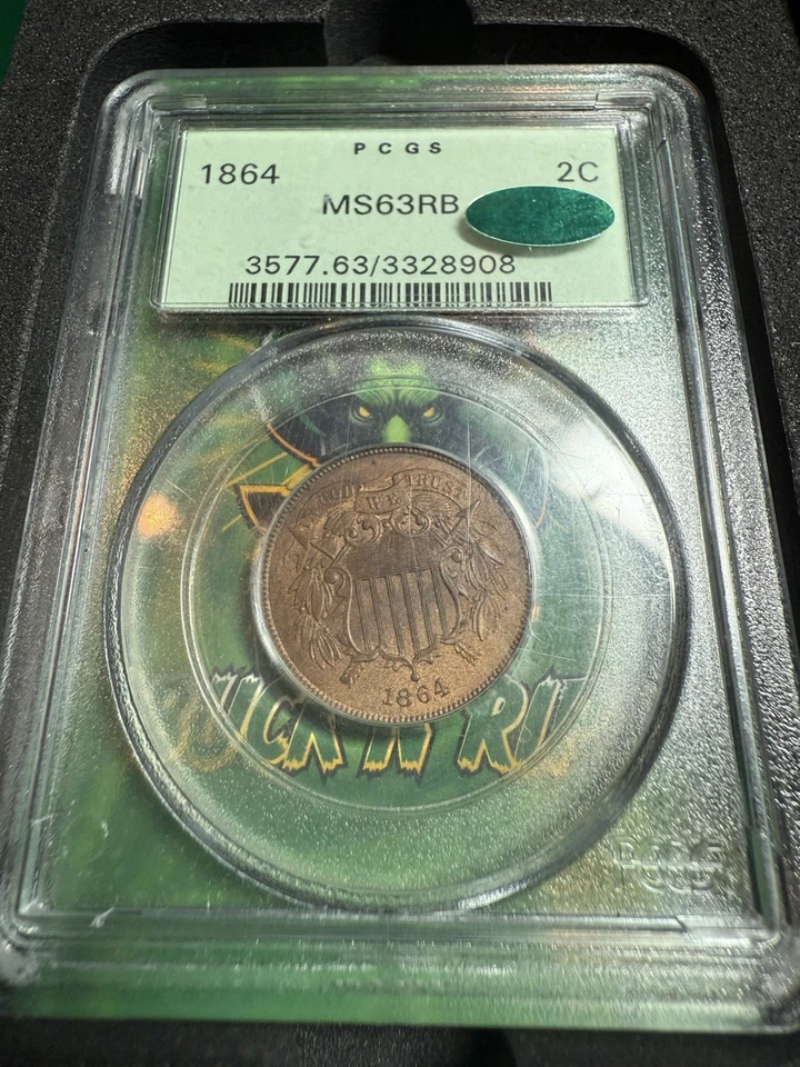 1864 Two Cent Piece 2C PCGS MS63 RB OGH Rattler Holder Cac Vaultbox Vault Box - Image 2 of 4