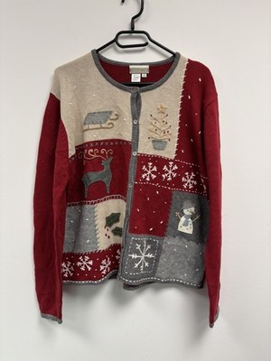 Coldwater Creek Vintage Weihnachten Patchwork Grafik Strickjacke Gr. L Schneemann 