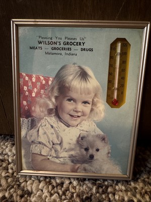Thermometer And Wall Calendar 1970 Wilson s Grocery Metamora IN Girl & Dog 4''X5''