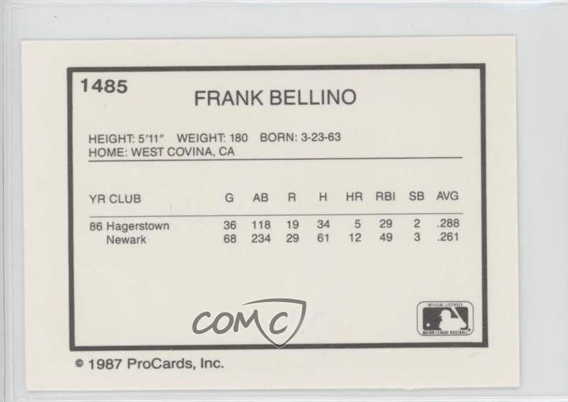 1987 ProCards Minor League Frank Bellino #1485 - Image 2 of 2