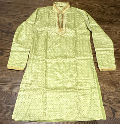 Men's Pakistani Style Gold Brocade Silk Kurta Long Sleeve Size S