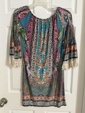 Multicolor Paisley Bohemian Shift Dress with Fringe Bell 3/4 Sleeves Small