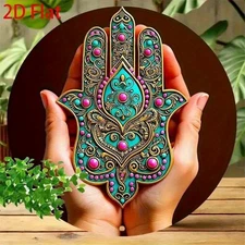 Vintage Hamsa Hand Metal Wall Art Sky Blue Pink Pattern