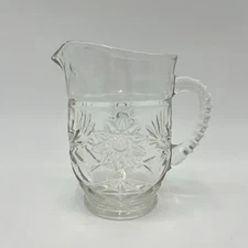 Vintage Style Small Clear Pressed Glass Pitcher Starburst Pattern Ribbed Handle