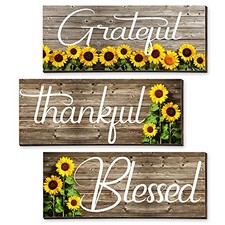 3 Pieces Sunflower Prints Wood Hanging Wall Plaques Grateful White Words
