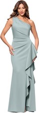 Xscape Womens One-Shoulder Gown Cascading Ruffle Ruched Waist 14 Sage