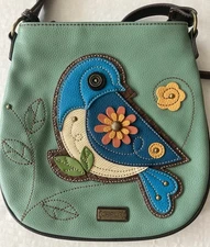 Chala Purse Green Brown Blue bird Crossbody Purse Handbag NICE! Folk Art artsy
