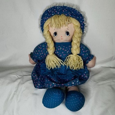 Vintage Rag Doll Blonde Braids Blue Eyes and Blue Floral Dress