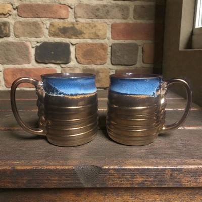 Pr Roche Artisan Crafted Stoneware Coffee Mugs  Metallic Ocean Blue Wave Glaze