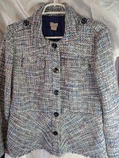 Chico's Women's Blue Multicolor Check Jacket Button Collared Fringe size 1, 8/10