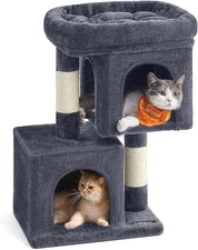 Cat Tree 26.4" Tower for Kittens & Small Cats, 2 Caves, Scratching Post, Gray