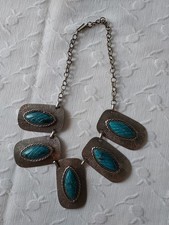 Vintage 1960s Choker Collar - Necklace,metal Beaded Plaques And Blue Beads