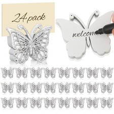 24 Pcs Butterfly Birthday Decor Place Card Holder, White, Silver