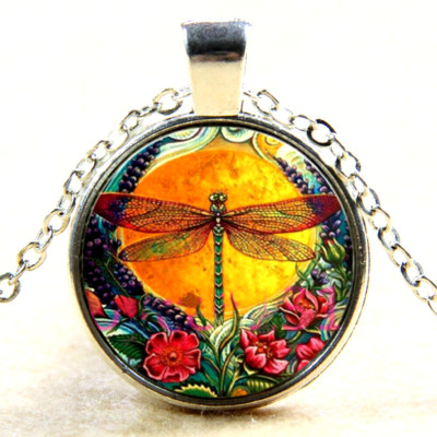 DRAGONFLY SUN  FLOWER INSECT large pendant 925 Sterling Silver 22'' necklace gift