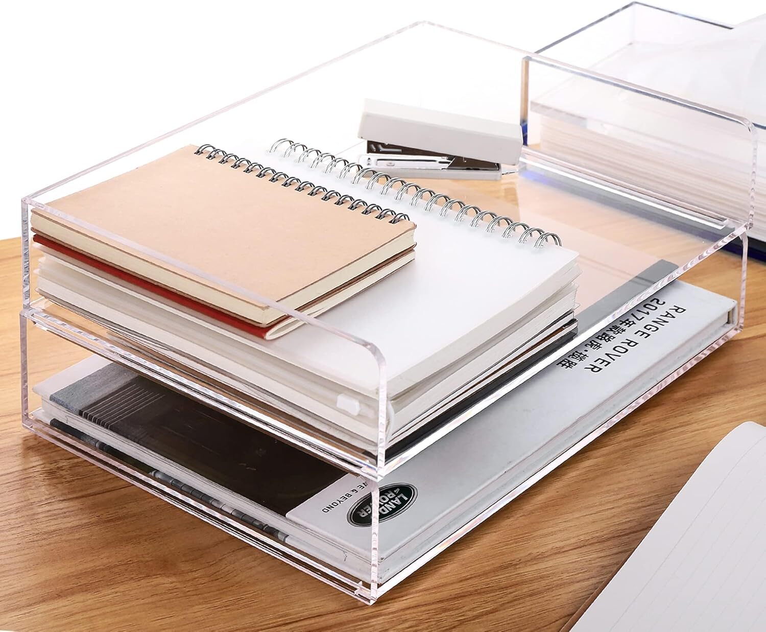 Paper Tray Organizer Clear Acrylic Desk 2 Trays Horizontal, Transparent