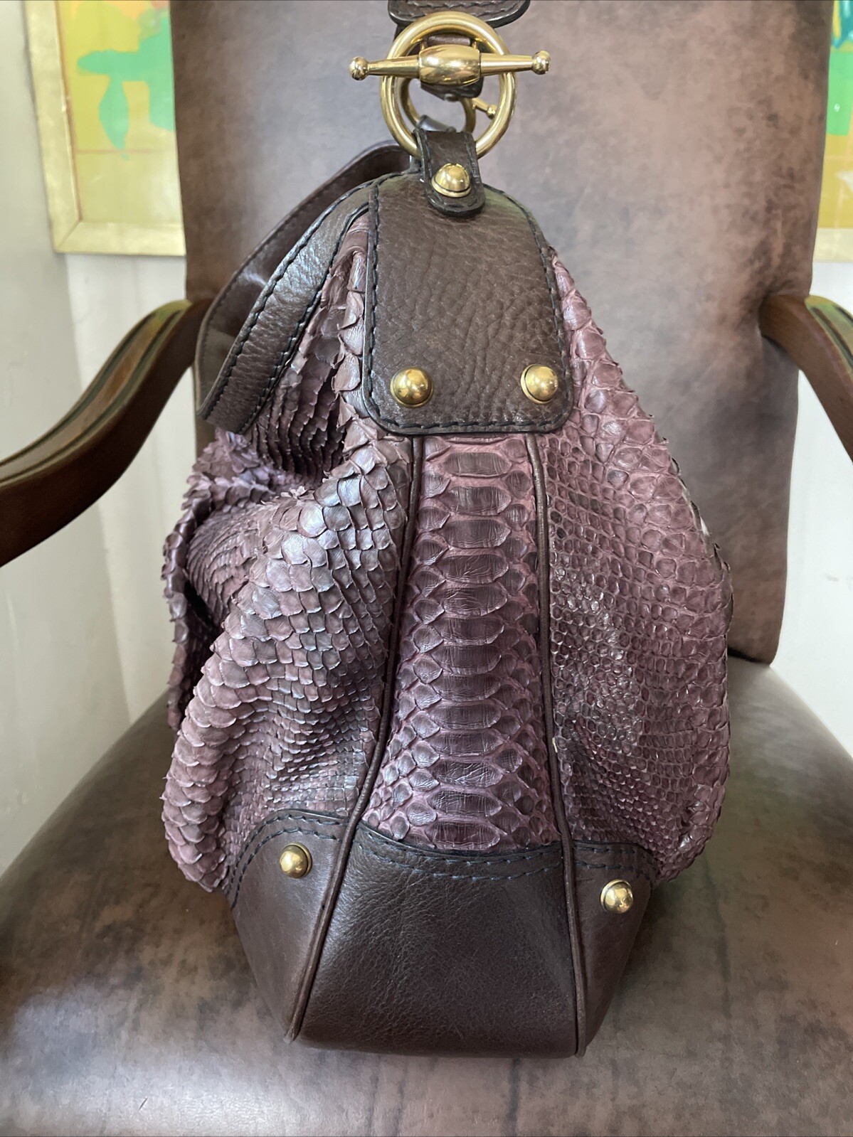 GUCCI  XL Leather Suede Python Snakeskin Jockey H… - image 5