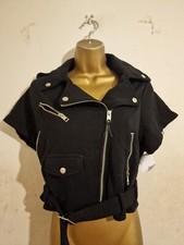Black Aviator Biker Moto Belt Buckle Pocket Short Sleeve Zip Crop Jacket 8 10 12