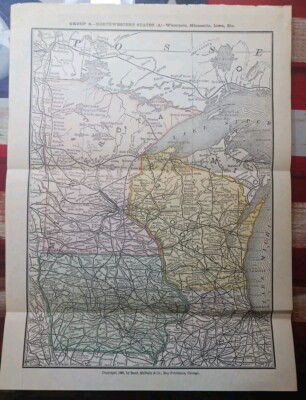 Dated 1886 Train Route Map  Wisconsin Minnesota Iowa All Railroad Lines 9''x12''