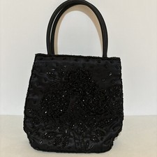 Black Small Satin Beaded Evening Bag Zipper Closure