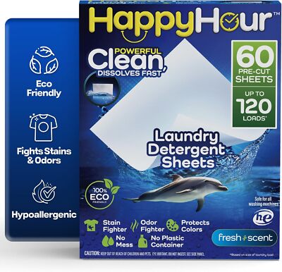 HAPPY HOUR Laundry Detergent Sheets, Up to 120 Loads with 60 Pre-Cut Scented Lau