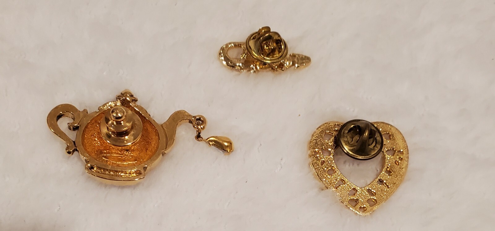 Teapot Heart Alligator Brooch Gold Dress Pins Lot 3