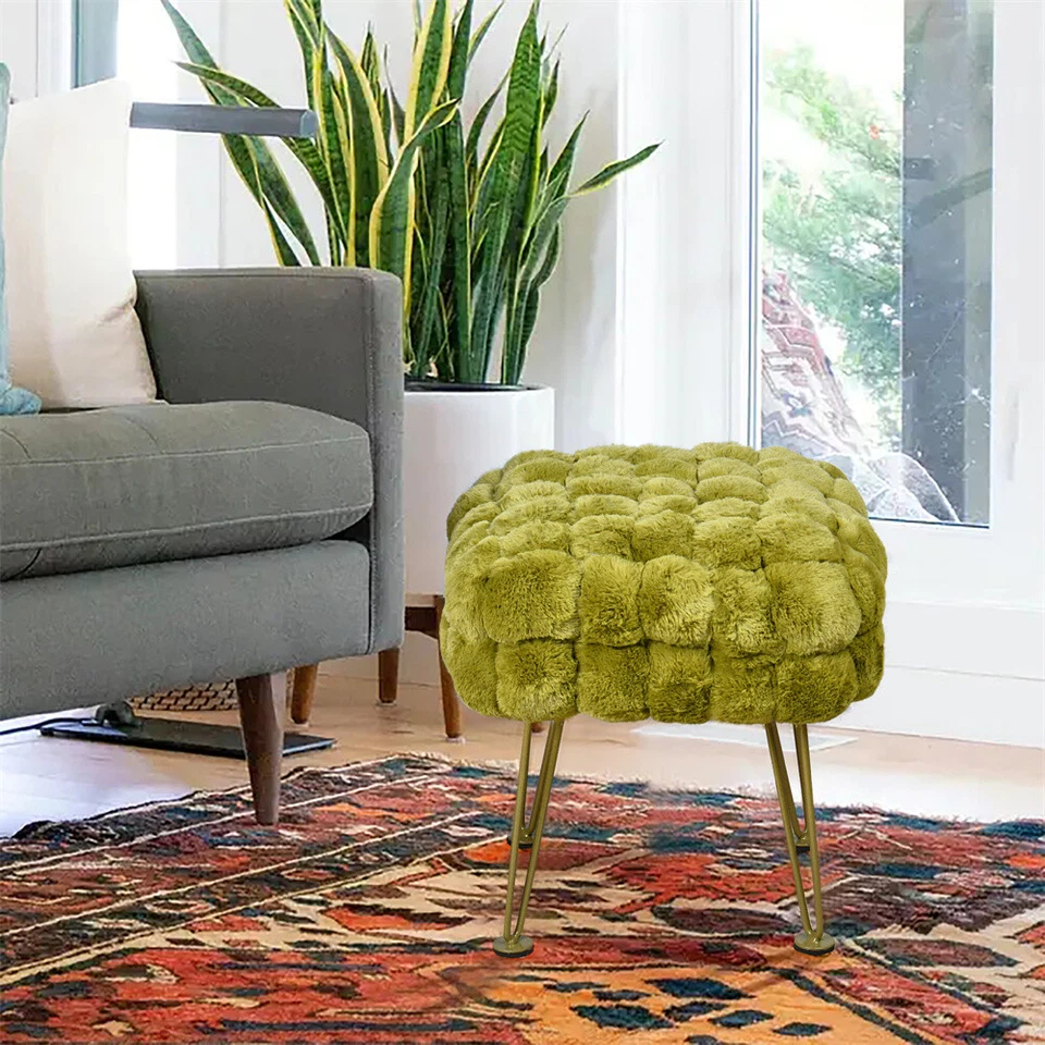 Handwoven Faux Fur Ottoman Footstool Soft Plush Pouf with Metal Legs Modern - Image 4 of 4