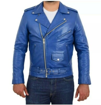 Mens Brando Genuine Leather Jacket Motorcycle Perfecto Blue Marlon Jacket  New