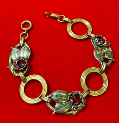 Kunst Deko Harry Iskin Rot Rubin Strass Blatt 12k Gefülltes Gold Armband 4d 1
