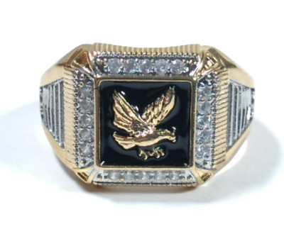 Mens 18k Yellow Gold Plated Flying Eagle CZ Ring Biker Jewelry Patriotic Gift